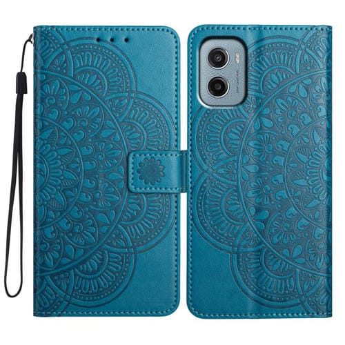 Funda de Cuero con Relieve Floral para Motorola Moto E15 (Azul)
