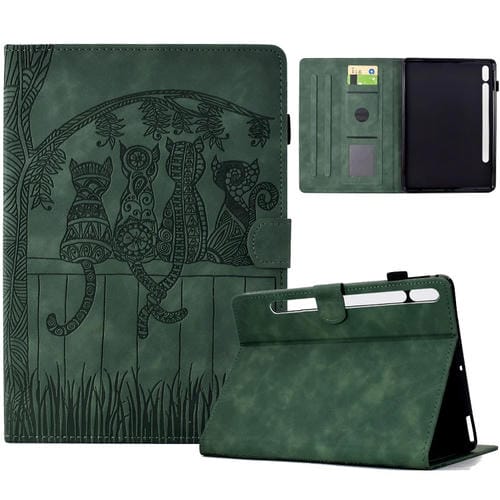 Funda para Tablet Samsung Galaxy Tab S8/S7 Cuero Relieve Gatos (Verde)