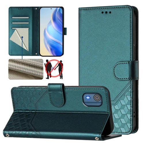 Funda de Cuero Rfid con Relieve en Panal para Nokia C02 (Verde Pavo Real)
