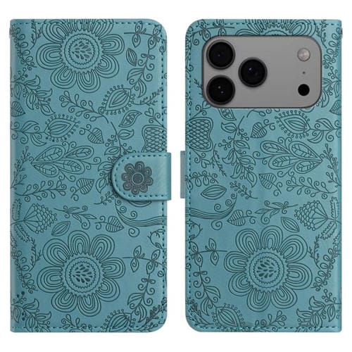 For iPhone 17 Pro Max Floral Embossed Pattern Leather Phone Case(Dark Green)