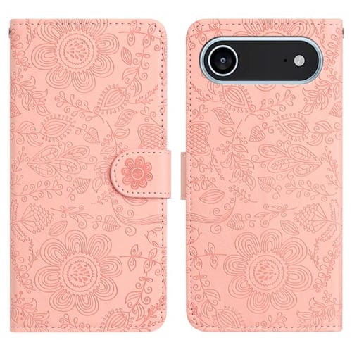 Funda de cuero con estampado floral en relieve para iPhone 17 Air (rosa)