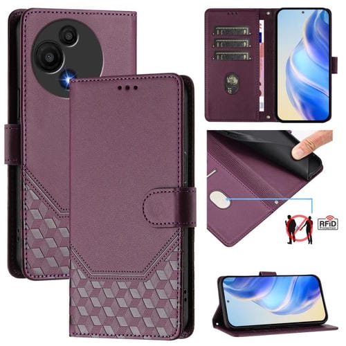 Funda de cuero RFID con relieve de panal para TCL 605/60 SE (violeta)