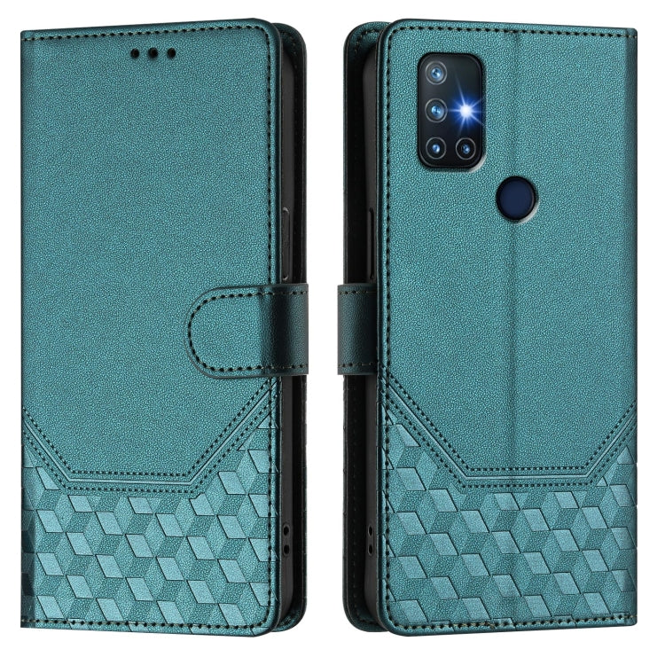 Funda de Cuero Rfid con Relieve de Panal para OnePlus Nord N10 5G (Verde Pavo Real)