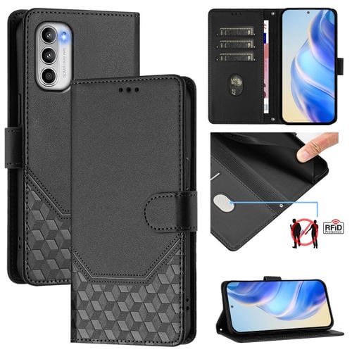 Funda de Cuero Rfid con Relieve de Panal para Motorola Moto G 5G 2022 (Negro)