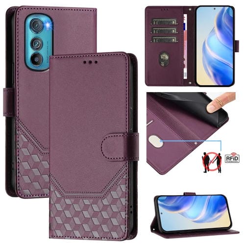 Funda de Cuero Rfid con Relieve en Panal para Motorola Edge 30 (Violeta)