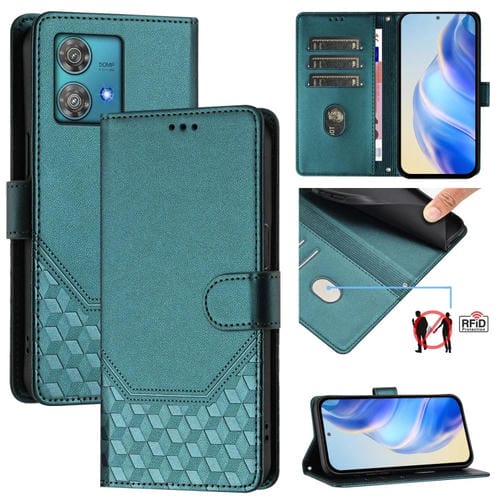 Funda de Cuero Rfid con Relieve en Panal para Motorola Edge 40 Neo 5G (Verde Pavo Real)