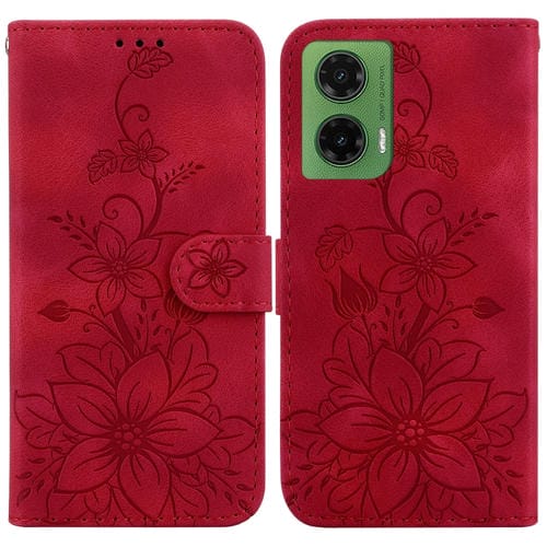 Funda de Cuero con Relieve de Lirio para Motorola Moto G35 (Rojo)