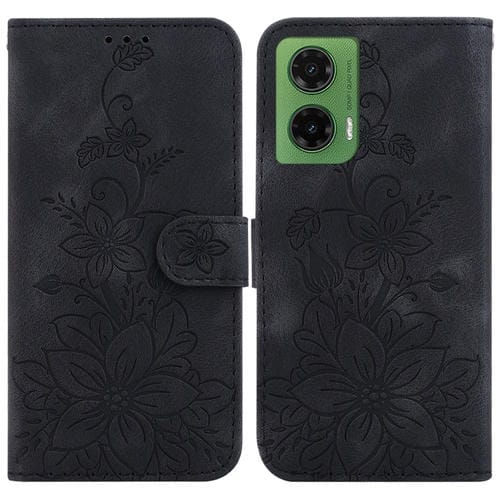 Funda de Cuero con Relieve de Lirio para Motorola Moto G35 (Negra)