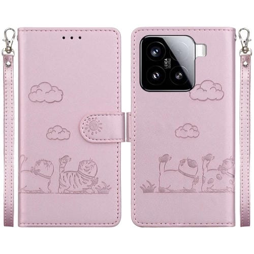 Funda De Cuero Rfid Con Diseño De Gatos Para Xiaomi 15 (Oro Rosa)