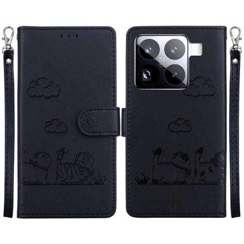 Funda De Cuero Rfid Con Diseño De Gatos Para Xiaomi 15 Pro (Negra)