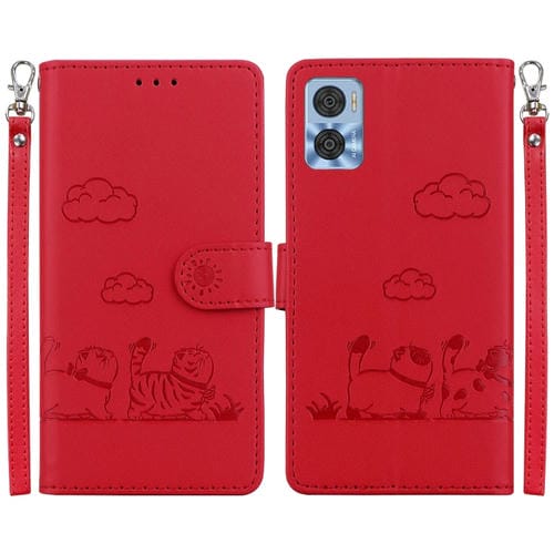Funda de Cuero Rfid para Motorola Moto E22/E22I con Diseño de Gatos (Rojo)
