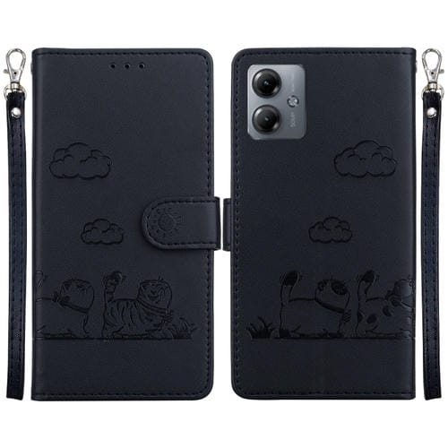 Funda de Cuero Rfid para Motorola Moto G14 con Diseño de Gatos (Negra)