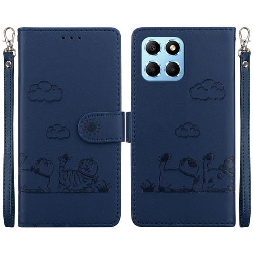 Funda de Cuero Rfid para Honor X8 5G con Diseño de Gatos (Azul)