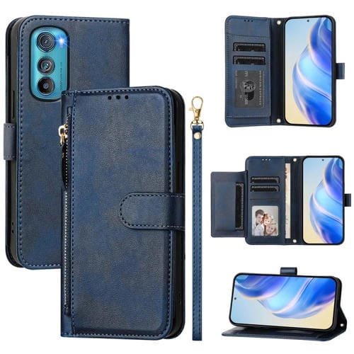 Funda de Cuero con Cremallera y Ranuras para Tarjetas para Motorola Edge 30 (Azul)