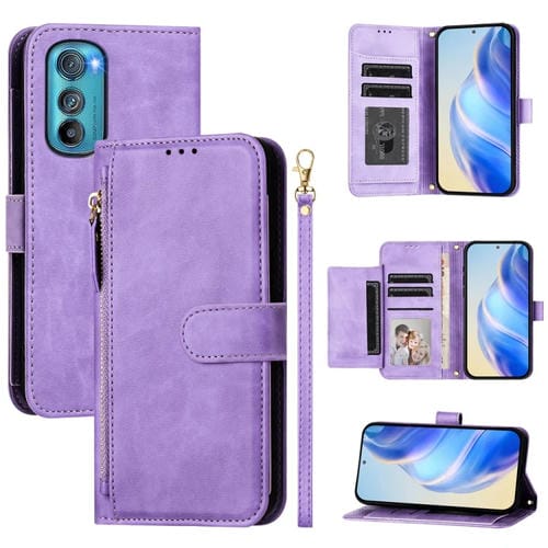 Funda de Cuero con Cremallera y Ranuras para Tarjetas para Motorola Edge 30 (Morado)
