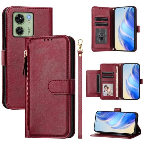 Funda de Cuero con Cremallera y Ranuras para Tarjetas para Motorola Edge 40 Global/Edge 2023 (Rojo Oscuro)