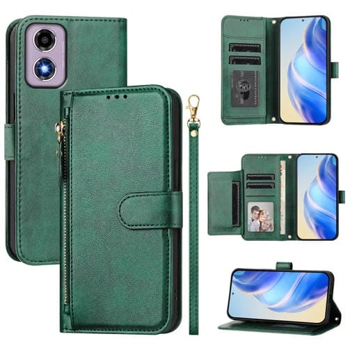 Funda de Cuero con Cremallera y Ranuras para Tarjetas para Motorola Moto E14 / G04 / G04S / G24 4G (Verde)