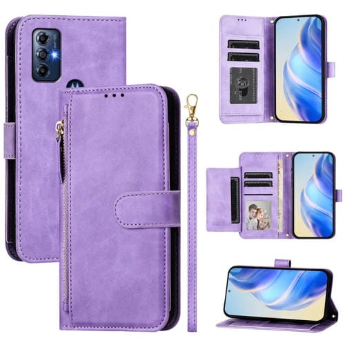 Funda de Cuero con Cremallera y Ranuras para Tarjetas para Motorola Moto G Play (2022) (Morado)