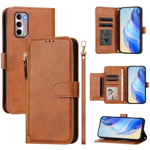 Funda de Cuero con Cremallera y Ranuras para Tarjetas para Motorola Moto G Stylus 4G (2022) (Marrón)