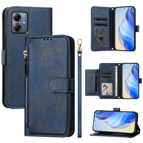 Funda de Cuero con Cremallera y Ranuras para Tarjetas para Motorola Moto G14/G54 (Azul)