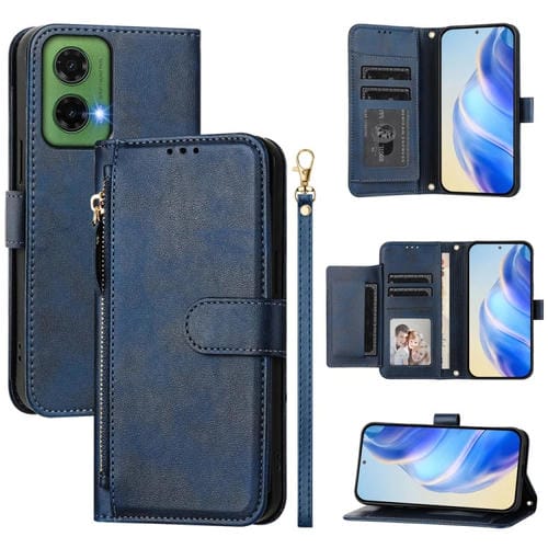 Funda de Cuero con Cremallera y Ranuras para Tarjetas para Motorola Moto G35 (Azul)