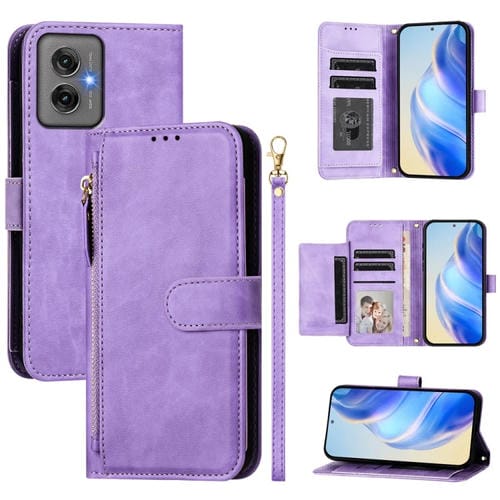 Funda de Cuero con Cremallera y Ranuras para Tarjetas para Motorola Moto G55 (Morado)