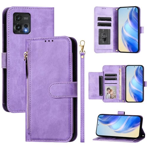 Funda de Cuero con Cremallera y Ranuras para Tarjetas para Motorola Moto G72 (Morado)