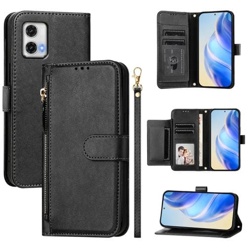 Funda de Cuero con Cremallera y Ranuras para Tarjetas para Motorola Moto G73 (Negro)