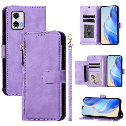 Funda de Cuero con Cremallera y Ranuras para Tarjetas para Motorola Moto G73 (Morado)