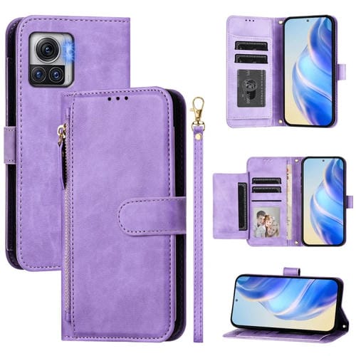 Funda de Cuero con Cremallera y Ranuras para Tarjetas para Motorola Moto X30 Pro/Edge 30 Ultra (Morado)
