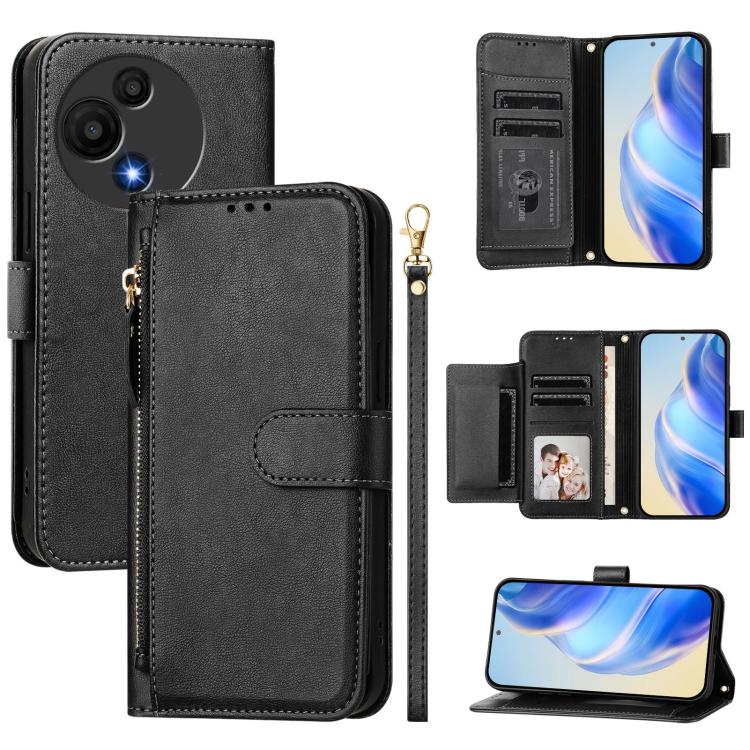 Funda de cuero con cremallera y ranuras para múltiples tarjetas para TCL 605 / TCL 60 SE (negro)