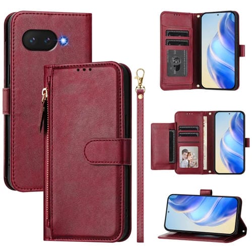 Funda de Cuero con Cremallera y Ranuras para Tarjetas para Google Pixel 9A (Rojo Oscuro)