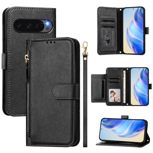 Funda de Cuero para Google Pixel 10 y Pixel 10 Pro con Cremallera y Ranuras para Tarjetas (Negra)