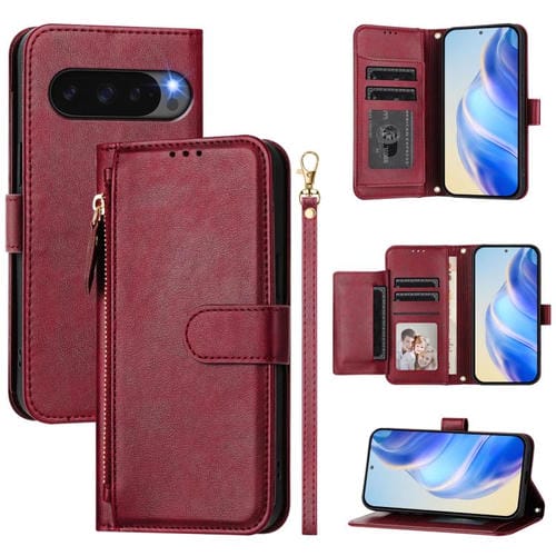 Funda de Cuero con Cremallera y Ranuras para Tarjetas para Google Pixel 10 Pro XL (Rojo Oscuro)