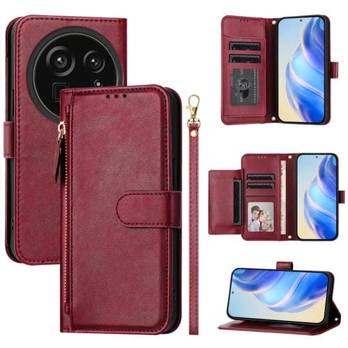 Funda de Cuero con Cremallera y Ranuras para Tarjetas Sharp Aquos R9 Pro (Rojo Oscuro)