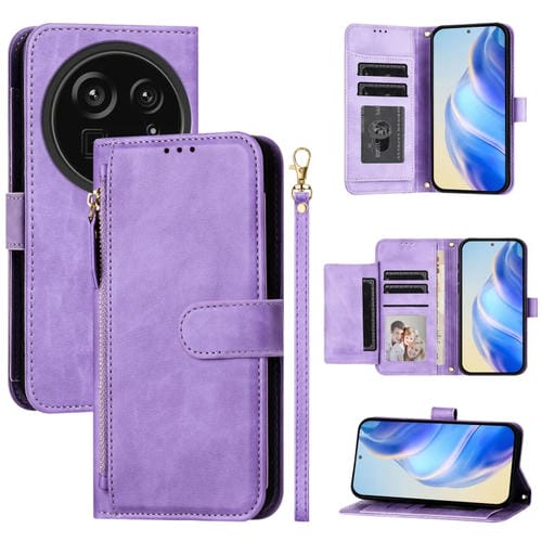 Funda de Cuero con Cremallera y Ranuras para Tarjetas para Sharp Aquos R9 Pro (Morado)