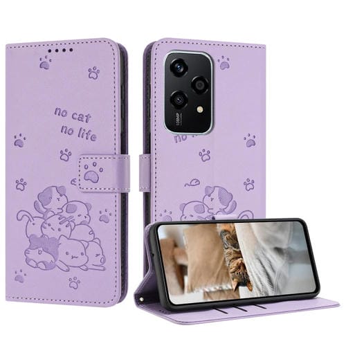 Funda de Cuero Honor 200 Lite 5G con Estampado de Gatito y Cordón (Morado)