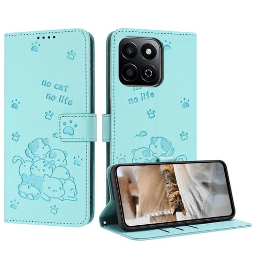 Funda de Cuero Honor X7C 4G/200 con Diseño de Gatito En Relieve y Cordón (Verde Menta)