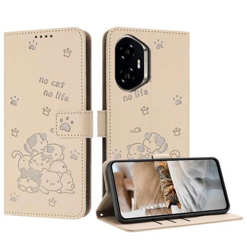 Funda de Piel para Honor 300 con Diseño de Gatito en Relieve y Cordón (Beige)