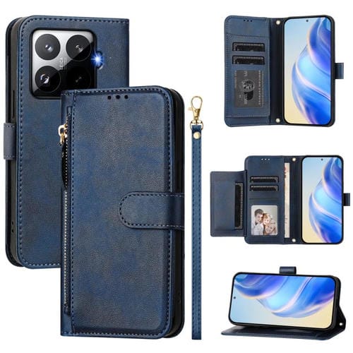 Funda de cuero con cremallera y ranuras para múltiples tarjetas para Xiaomi 15T Pro (azul)