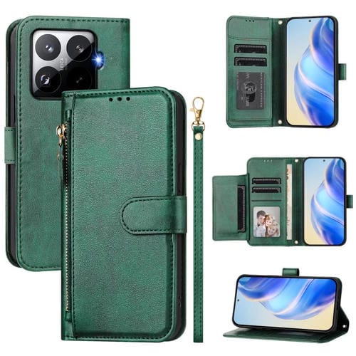 Funda de cuero con cremallera y ranuras para múltiples tarjetas para Xiaomi 15T Pro (verde)