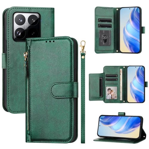 Funda de cuero con cremallera y ranuras para tarjetas para Xiaomi 15T 5G (verde)
