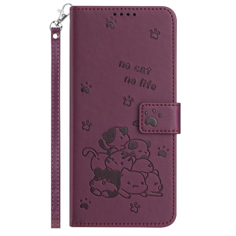 Funda de Cuero con Cordón para Teléfono Itel S25 con Gatito en Relieve (Rojo Vino)