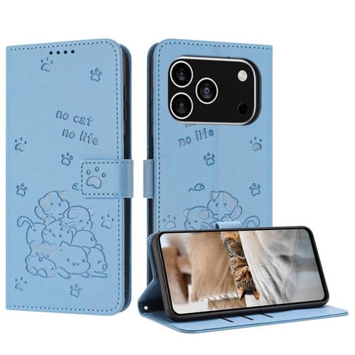Funda de piel con diseño de gatito en relieve para iPhone 17 Pro con cordón (azul)
