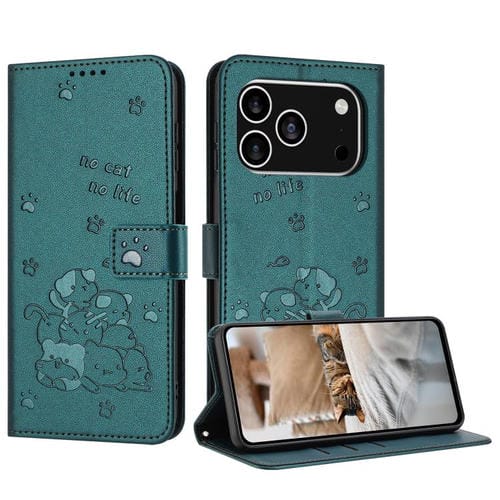 Funda de piel con diseño de gatito en relieve para iPhone 17 Pro con cordón (verde oscuro)