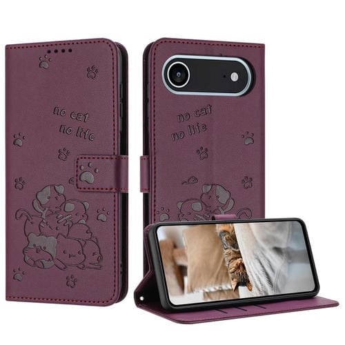 Funda de piel con diseño de gatito en relieve para iPhone 17 con cordón (rojo vino)