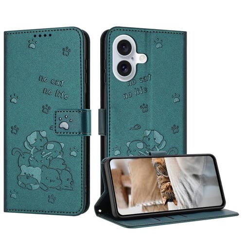Funda de piel con diseño de gatito en relieve para iPhone 17 con cordón (verde oscuro)