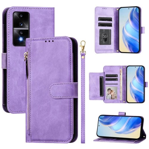 Funda de Cuero con Cremallera y Ranuras para Múltiples Tarjetas para Honor 80 GT (Morado)