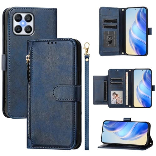 Funda de Cuero con Cremallera y Ranuras para Múltiples Tarjetas para Honor X8 4G / X30I / Play6T Pro (Azul)