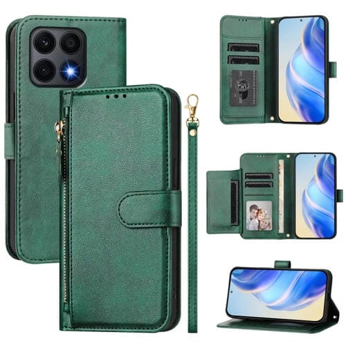 Funda de Cuero con Cremallera y Ranuras para Tarjetas para Honor X8A (Verde)